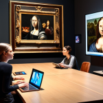 ** A diverse group of people participating in a virtual art history tour, viewing 3D models of famous artworks on their computers, with a focus on interactive and engaging learning.

**