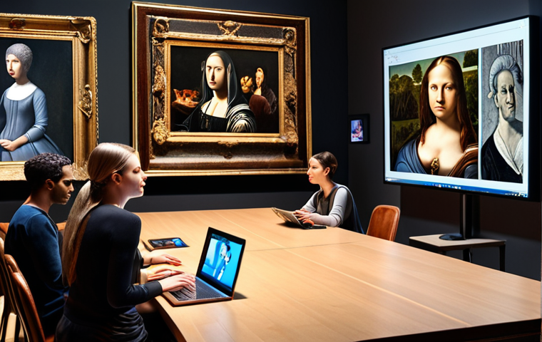 ** A diverse group of people participating in a virtual art history tour, viewing 3D models of famous artworks on their computers, with a focus on interactive and engaging learning.
**