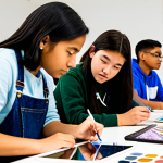 A professional art educator, fully clothed in appropriate attire, is seen mentoring a diverse group of high school students in a modern, well-lit art studio. Some students are engaged with graphic tablets, creating digital art, while others are working with traditional art materials like paints and canvases. The scene highlights collaborative learning and creative expression, emphasizing both digital and analog artistic development. The subjects display perfect anatomy, correct proportions, and natural poses with well-formed hands and proper finger count. This is a professional photography shot, high quality, safe for work, appropriate content, and family-friendly.