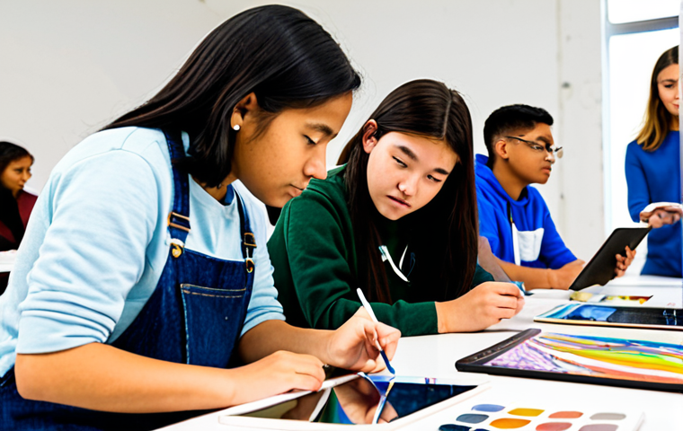 A professional art educator, fully clothed in appropriate attire, is seen mentoring a diverse group of high school students in a modern, well-lit art studio. Some students are engaged with graphic tablets, creating digital art, while others are working with traditional art materials like paints and canvases. The scene highlights collaborative learning and creative expression, emphasizing both digital and analog artistic development. The subjects display perfect anatomy, correct proportions, and natural poses with well-formed hands and proper finger count. This is a professional photography shot, high quality, safe for work, appropriate content, and family-friendly.