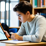 A focused university student, gender-neutral, wearing a modest, professional sweater and smart trousers, seated at a modern wooden desk in a brightly lit university library. They are looking intently at a laptop screen, with a digital tablet open beside them displaying a complex mind map. Books and a pen are neatly arranged on the desk. The background shows blurred bookshelves and other students studying peacefully. The atmosphere is studious and quiet. Fully clothed, appropriate attire, safe for work, perfect anatomy, correct proportions, natural pose, well-formed hands, proper finger count, natural body proportions, professional photography, high resolution, appropriate content, family-friendly.