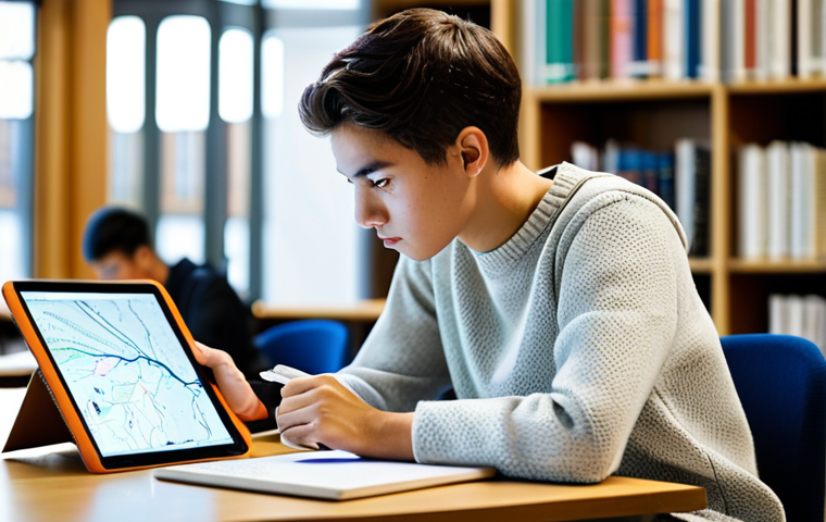 A focused university student, gender-neutral, wearing a modest, professional sweater and smart trousers, seated at a modern wooden desk in a brightly lit university library. They are looking intently at a laptop screen, with a digital tablet open beside them displaying a complex mind map. Books and a pen are neatly arranged on the desk. The background shows blurred bookshelves and other students studying peacefully. The atmosphere is studious and quiet. Fully clothed, appropriate attire, safe for work, perfect anatomy, correct proportions, natural pose, well-formed hands, proper finger count, natural body proportions, professional photography, high resolution, appropriate content, family-friendly.
