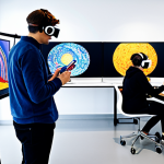 A diverse group of art students and a professional art educator are in a modern, brightly lit art studio. Students are engaged with large digital screens displaying collaborative digital art projects, while others are wearing VR headsets, seemingly painting in virtual space. The educator guides a student using an augmented reality application. All individuals are fully clothed in appropriate, professional dress. The studio features sleek desks, computers, and a mix of traditional art supplies alongside high-tech equipment, symbolizing innovation. The atmosphere is vibrant and focused, safe for work, appropriate content, family-friendly. Perfect anatomy, correct proportions, natural pose, well-formed hands, proper finger count, natural body proportions, high quality, professional photography.