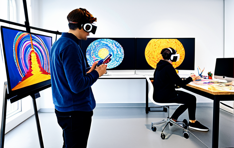 A diverse group of art students and a professional art educator are in a modern, brightly lit art studio. Students are engaged with large digital screens displaying collaborative digital art projects, while others are wearing VR headsets, seemingly painting in virtual space. The educator guides a student using an augmented reality application. All individuals are fully clothed in appropriate, professional dress. The studio features sleek desks, computers, and a mix of traditional art supplies alongside high-tech equipment, symbolizing innovation. The atmosphere is vibrant and focused, safe for work, appropriate content, family-friendly. Perfect anatomy, correct proportions, natural pose, well-formed hands, proper finger count, natural body proportions, high quality, professional photography.