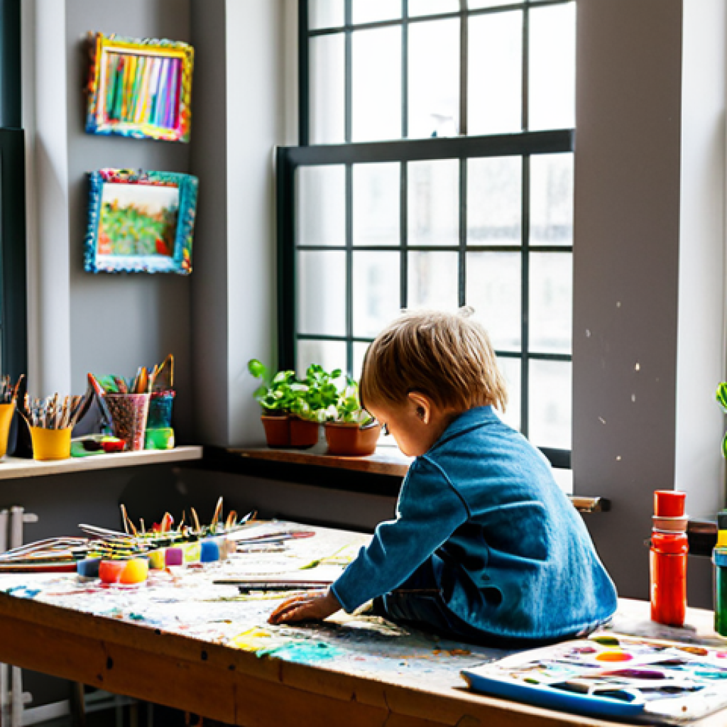 **
A brightly lit children's art studio in a Berlin apartment. Sunlight streams through a large window onto a child, approximately 8 years old, with well-formed hands, fully clothed in a colorful, paint-splattered smock over jeans and a t-shirt, sitting at a child-sized wooden workbench covered in art supplies. The workbench has a well-formed hand working on a colorful clay sculpture. Shelves filled with neatly organized art supplies line one wall. Houseplants sit on the windowsill. Safe for work, appropriate content, fully clothed, family-friendly, professional photography, perfect anatomy, correct proportions, natural pose, high resolution.
**