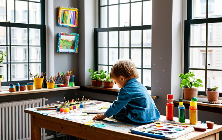 **
A brightly lit children's art studio in a Berlin apartment. Sunlight streams through a large window onto a child, approximately 8 years old, with well-formed hands, fully clothed in a colorful, paint-splattered smock over jeans and a t-shirt, sitting at a child-sized wooden workbench covered in art supplies. The workbench has a well-formed hand working on a colorful clay sculpture. Shelves filled with neatly organized art supplies line one wall. Houseplants sit on the windowsill. Safe for work, appropriate content, fully clothed, family-friendly, professional photography, perfect anatomy, correct proportions, natural pose, high resolution.
**