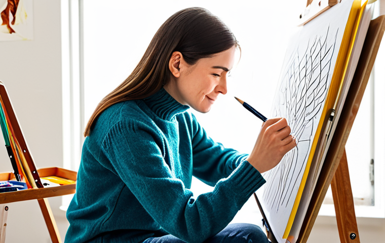 Art Career Transition**
"A professional art educator, fully clothed in a modest sweater and jeans, thoughtfully sketching in a bright, sunlit studio, surrounded by art supplies. Background shows examples of student artwork. Focus on the joy of artistic expression. Safe for work, appropriate content, professional, perfect anatomy, correct proportions, natural pose, well-formed hands, proper finger count, natural body proportions."
**