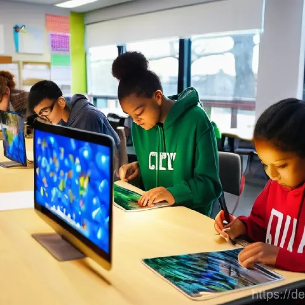 미술교육사와 교육 정책 변화 - **Digital Art Exploration in a Modern Classroom**
A brightly lit, spacious art classroom, featur...