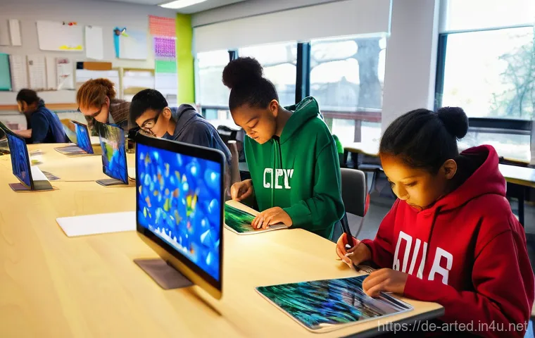 미술교육사와 교육 정책 변화 - **Digital Art Exploration in a Modern Classroom**
A brightly lit, spacious art classroom, featur...