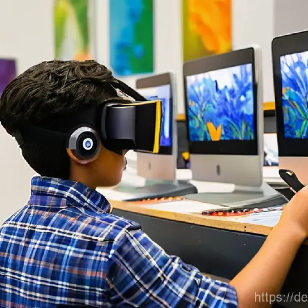 미술교육사와 커리큘럼 디자인 - **Prompt 1: Dynamic Art Classroom - Blending Tradition and Technology**
"A vibrant, brightly lit...