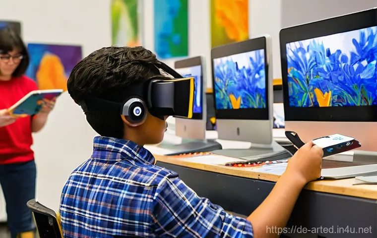 미술교육사와 커리큘럼 디자인 - **Prompt 1: Dynamic Art Classroom - Blending Tradition and Technology**
"A vibrant, brightly lit...