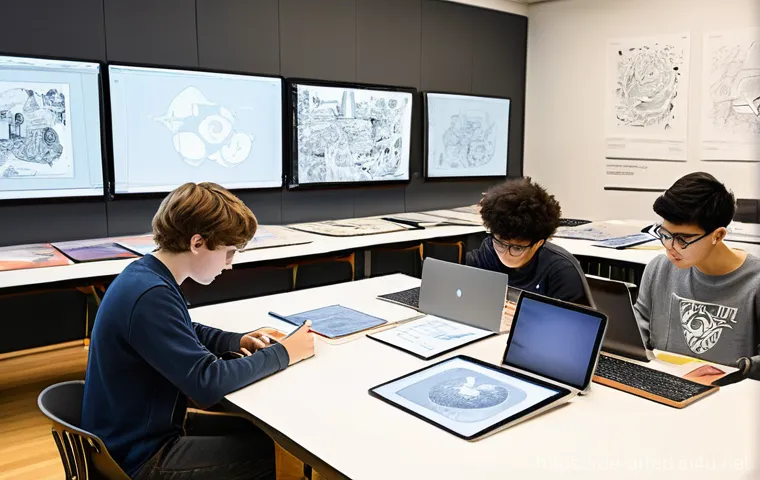 미술교육사와 커리큘럼 디자인 - **Prompt 1: Dynamic Art Classroom - Blending Tradition and Technology**
    "A vibrant, brightly lit...