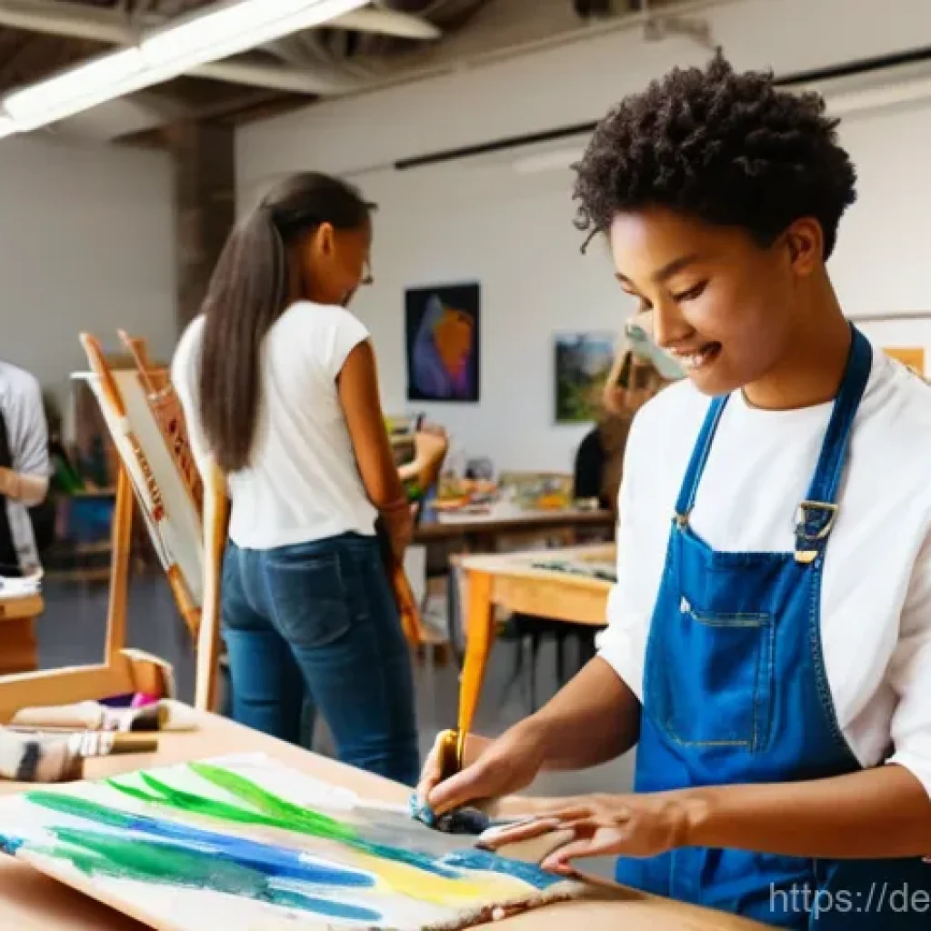 미술교육사 예비 수강생 Q A - **A vibrant university art studio scene featuring a diverse group of young adult art education stude...