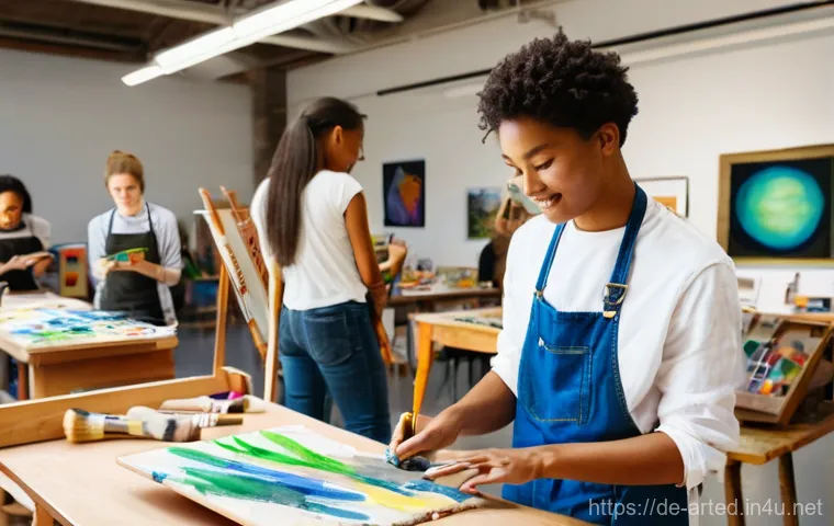미술교육사 예비 수강생 Q A - **A vibrant university art studio scene featuring a diverse group of young adult art education stude...