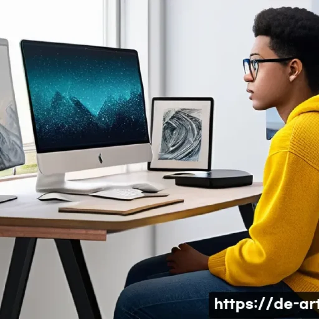 미술교육사와 포트폴리오 심화 과정 - **Prompt 1: Digital Portfolio Presentation**
"A young adult art student, dressed in a tasteful, ...