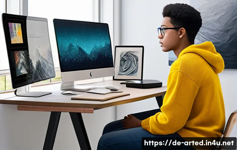 미술교육사와 포트폴리오 심화 과정 - **Prompt 1: Digital Portfolio Presentation**
"A young adult art student, dressed in a tasteful, ...