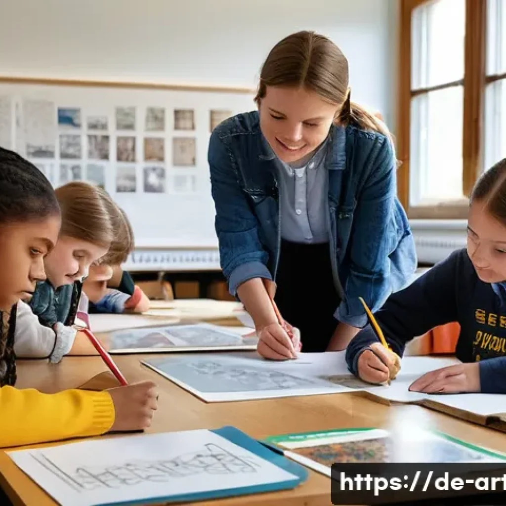미술교육사와 교사의 협업 사례 - A vibrant classroom scene in a modern German school where a diverse group of students aged 10-14 col...