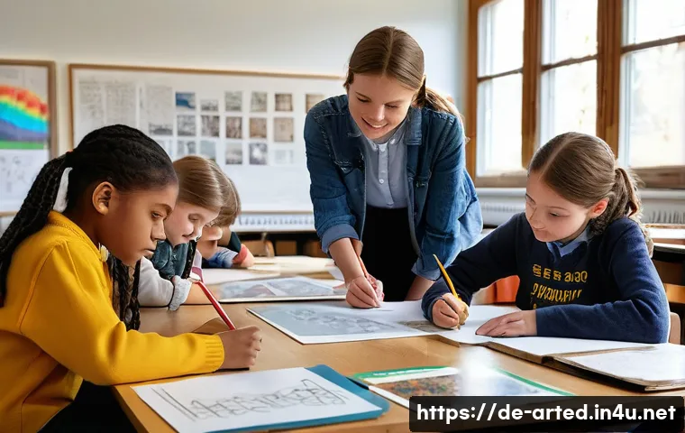 미술교육사와 교사의 협업 사례 - A vibrant classroom scene in a modern German school where a diverse group of students aged 10-14 col...