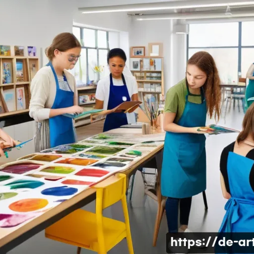 미술교육사 직무와 역할 - A vibrant interdisciplinary classroom scene showing teenagers engaged in an art project combining bi...