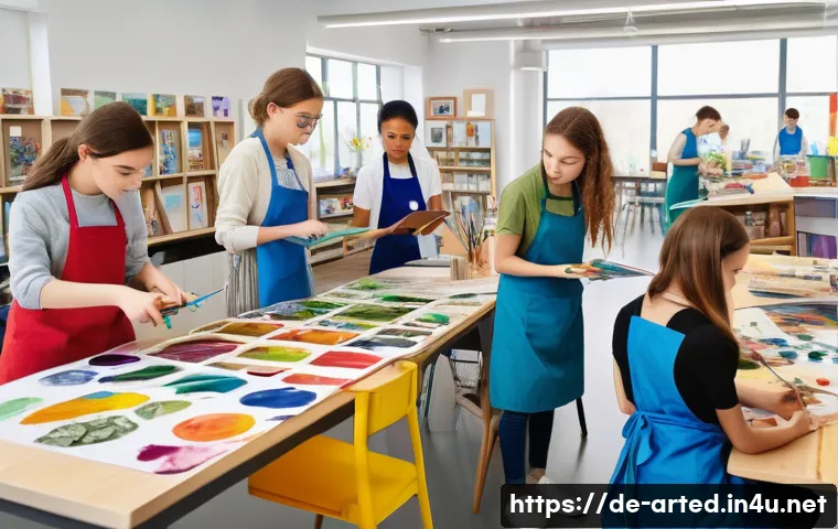 미술교육사 직무와 역할 - A vibrant interdisciplinary classroom scene showing teenagers engaged in an art project combining bi...