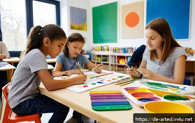 미술교육사와 직업 만족도 - A diverse art classroom scene in a modern German school setting, showing an art educator guiding a m...