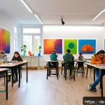 Home 21 미술교육사와 청소년 교육 사례 - A vibrant art classroom in a modern German youth center, filled with teenagers of diverse cultural b...