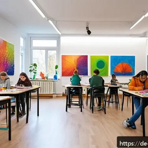 Home 33 미술교육사와 청소년 교육 사례 - A vibrant art classroom in a modern German youth center, filled with teenagers of diverse cultural b...