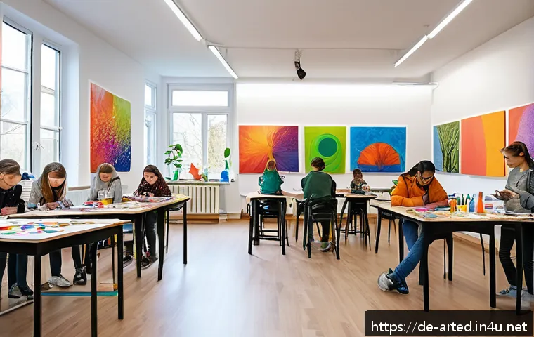 미술교육사와 청소년 교육 사례 - A vibrant art classroom in a modern German youth center, filled with teenagers of diverse cultural b...