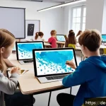 Home 20 미술교육사 관련 스타트업 사례 - A modern digital art classroom in Germany, showing diverse students using interactive painting apps ...