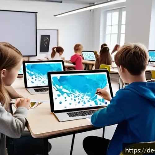 Home 32 미술교육사 관련 스타트업 사례 - A modern digital art classroom in Germany, showing diverse students using interactive painting apps ...
