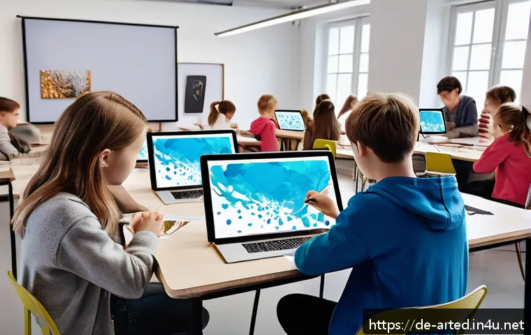 미술교육사 관련 스타트업 사례 - A modern digital art classroom in Germany, showing diverse students using interactive painting apps ...