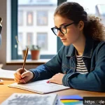 Home 19 미술교육사 자격증 시험 후기 - A focused young adult woman studying art education at a cozy, modern desk in a bright room with larg...