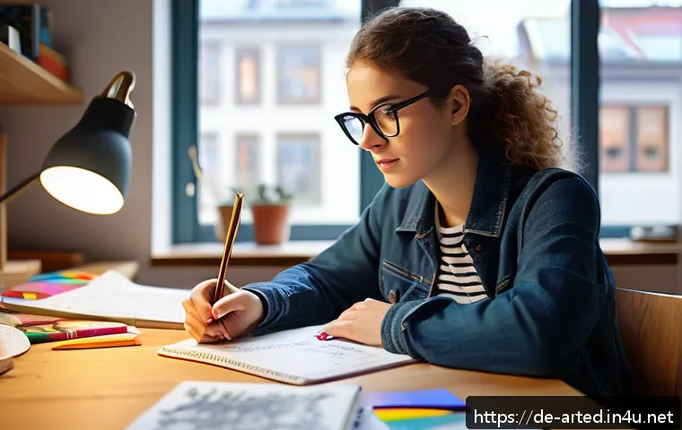 미술교육사 자격증 시험 후기 - A focused young adult woman studying art education at a cozy, modern desk in a bright room with larg...