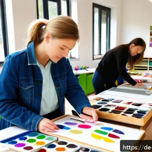 Home 17 미술교육사 업무 개선 아이디어 - A bright and modern art classroom in a German school, featuring a well-organized storage area with l...
