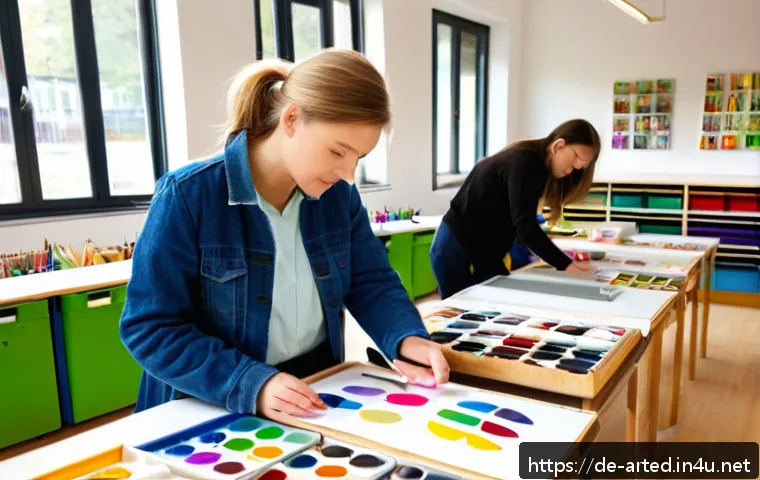 미술교육사 업무 개선 아이디어 - A bright and modern art classroom in a German school, featuring a well-organized storage area with l...