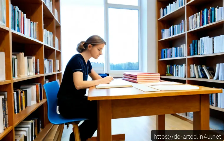 Home 17 미술교육사 연구 논문 작성법 - Photorealistic university art education researcher in a bright German library, carefully organizing ...